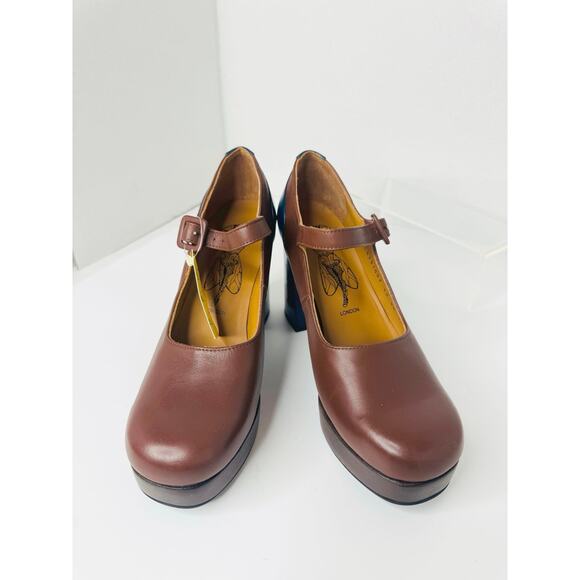 Fly London ERIL Platform Pumps Cognac & Navy Leather Retro 70s Chunky Heel 38 - Picture 10 of 11